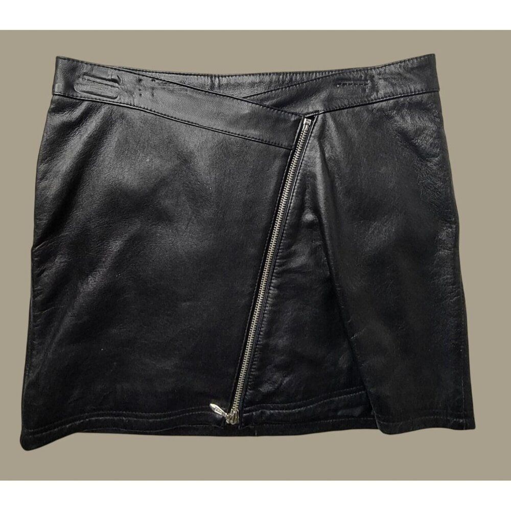 Wilsons Leather Maxima Black Leather Asymmetrical Zip Mini Skirt Size 6